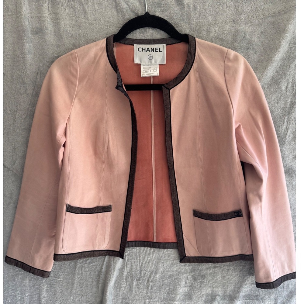 Chanel Vintage 03P Pink Lambskin Leather Mesh Trim Jacket P21383V01282 FR38 US6